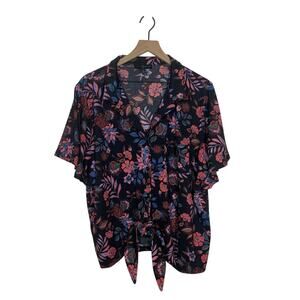 Fred David Shirt Women's Plus Size 2X Black Pink Floral Front Tie Short Sleeve
